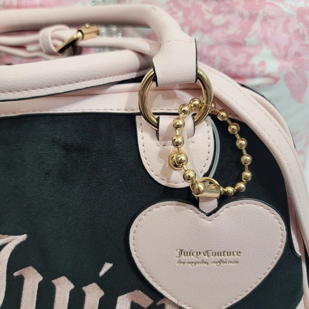 Juicy Couture Urban Heritage Bowler Bag VELOUR With Heart POM Bag Charm & WALLET